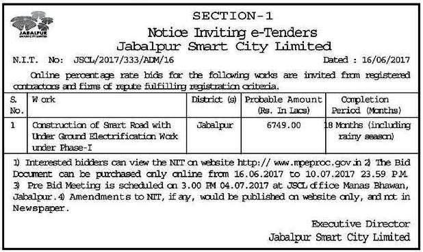 Construction of Smart Road and Under Ground Electrification Work Under Phase-1.Last Date of Purchase of Tender : 16-06-2017 & Last Date of Online Submission : 10-07-2017