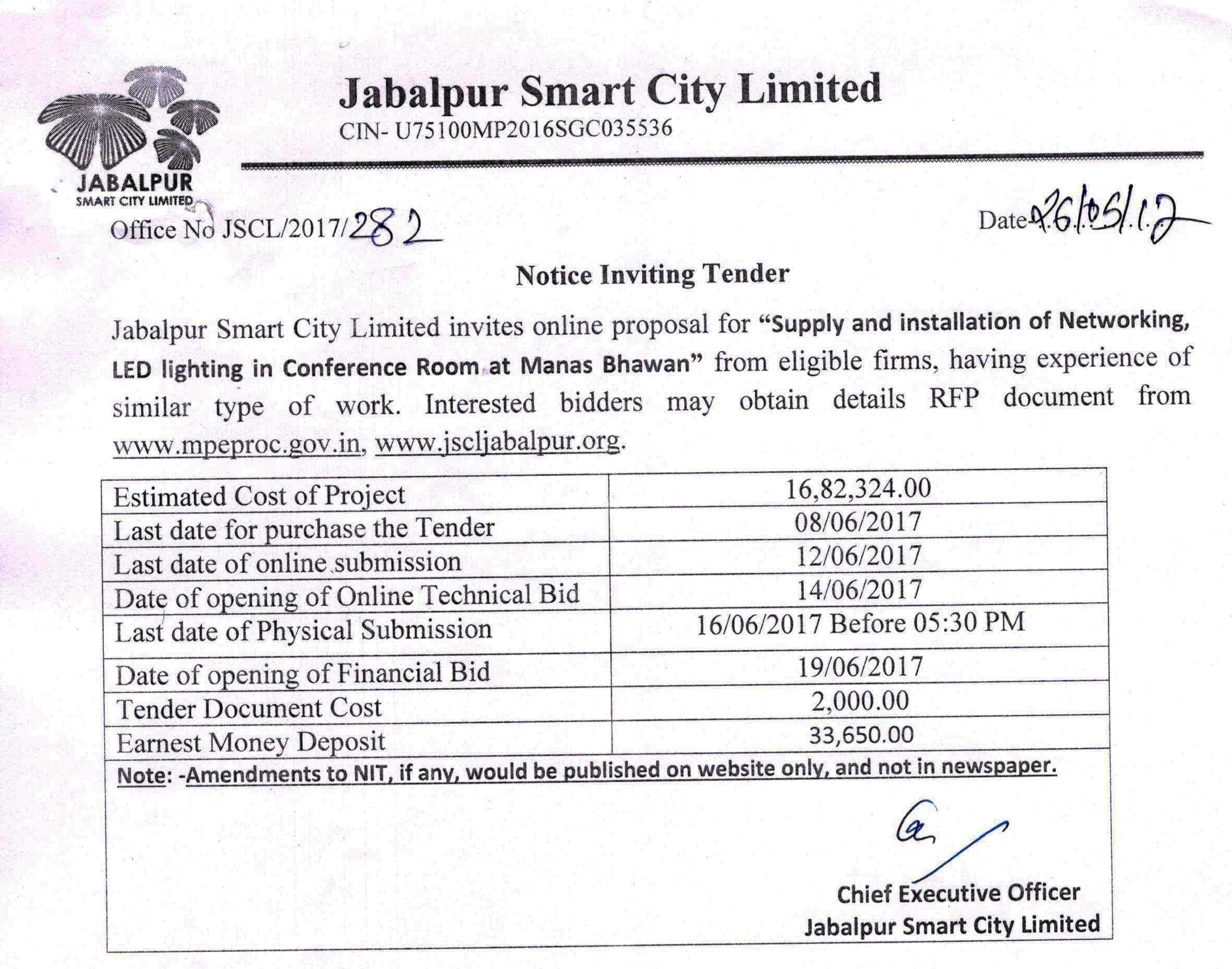 Supply and Installation of Networking, LED Lighting in Conference Room at Manas Bhawan. Last Date of Purchase of Tender : 08-06-2017 and Last Date of Online Submission : 12-06-2017